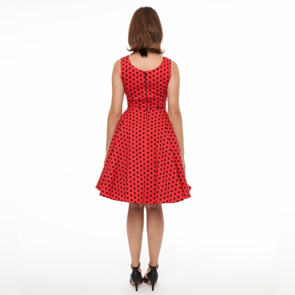 Unique Vintage Orchid Bloom 1950s Red & Black Polka Dot Fit & Flare Swing Dress - Picture 9 of 16
